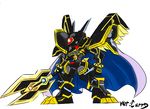  alphamon alphamon_ouryouken armor cape chibi digimon full_armor gauntlets horns ky?kyoku_senjin_oury?ken kyå«kyoku_senjin_ouryå«ken monster no_humans red_eyes royal_knights shoulder_pads simple_background solo sword weapon white_background white_cape wings 