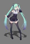  absurdres aqua_eyes aqua_hair beamed_eighth_notes breasts burenai_ai_de_(vocaloid) contrapposto daye_bie_qia_lian detached_sleeves frills full_body gothic_(module) gradient_hair grey_background hair_ribbon hatsune_miku highres long_hair looking_at_viewer medium_breasts multicolored_hair musical_note pose project_diva project_diva_(series) ribbon shadow smile solo standing thighhighs twintails very_long_hair vocaloid zettai_ryouiki 