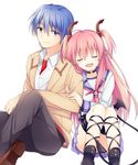  1girl angel_beats! blue_hair closed_eyes couple demon_tail fang hetero highres hinata_(angel_beats!) long_hair pink_hair purple_eyes school_uniform serafuku shinda_sekai_sensen_uniform short_hair soranagi tail two_side_up yui_(angel_beats!) 