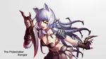  animal_ears belt blurry braid breasts daye_bie_qia_lian depth_of_field earrings eyepatch fang_necklace fingerless_gloves genderswap genderswap_(mtf) gloves highres jewelry knife league_of_legends leaning_forward lips long_hair looking_at_viewer medium_breasts midriff multiple_braids navel rengar shoulder_pads silver_eyes silver_hair skirt slit_pupils solo 