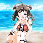  adapted_costume antenna_hair beach blue_sky blush brown_hair closed_eyes cloud collarbone commentary_request day double_bun facing_viewer hands_on_own_face highres kantai_collection naka_(kantai_collection) open_mouth outdoors sitting sky smile solo sparkle tk8d32 