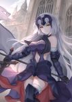  absurdres armor armored_dress bangs breasts cape commentary_request fate/grand_order fate_(series) fur-trimmed_cape fur_collar fur_trim gauntlets headpiece highres jeanne_d&#039;arc_(alter)_(fate) jeanne_d&#039;arc_(fate)_(all) large_breasts misaki159123 short_hair silver_hair sword thighhighs tsurime weapon yellow_eyes 