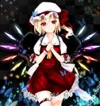  ascot black_background blonde_hair bug butterfly chain chikawa_shibainu crystal dress flandre_scarlet hat hat_ribbon highres insect leg_ribbon looking_at_viewer md5_mismatch mob_cap puffy_sleeves red_eyes ribbon short_hair short_sleeves side_ponytail smile snowflakes solo touhou wings wrist_cuffs 