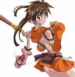  1girl absurdres ass bottomless brown_eyes brown_hair eating elf food highres monkey no_panties nowa pointy_ears queen&#039;s_blade queen's_blade ruu_(queen&#039;s_blade) ruu_(queen's_blade) simple_background skirt solo staff twintails white_background 
