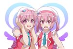 :d alternate_costume blush commentary crossover ebi_no_hito elfen_lied fang flat_chest horns looking_at_viewer multiple_girls namesake nana_(elfen_lied) nana_asta_deviluke necktie open_mouth pink_eyes pink_hair short_hair smile to_love-ru twintails 