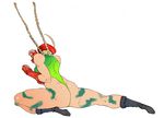 ahoge ass beret blonde_hair bodypaint boots braid cammy_white camouflage combat_boots dimples_of_venus fingerless_gloves flying_kick from_behind full_body gloves green_leotard hat huge_ahoge kicking kyuraa_(kyura9een) leotard long_hair solo street_fighter thick_thighs thighs thong_leotard twin_braids 