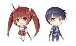  1girl :d ahoge arm_up blue_hair blush boots brown_eyes brown_hair chibi cross-laced_footwear dual_wielding eiyuu_densetsu estelle_bright full_body holding holding_weapon joshua_astray long_hair looking_at_viewer open_mouth saru shoes simple_background smile sora_no_kiseki staff twintails very_long_hair weapon white_background yellow_eyes 