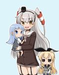  &gt;_&lt; :&lt; :3 :d amatsukaze_(kantai_collection) blonde_hair blue_hair blue_skirt carrying closed_eyes clothes_grab commentary_request detached_sleeves dress fang garter_straps grey_hair hair_tubes hairband hatsukaze_(kantai_collection) kantai_collection lifebuoy long_hair long_sleeves masara_(masalucky2010) multiple_girls open_mouth pleated_skirt rensouhou-chan sailor_collar sailor_dress school_uniform serafuku shimakaze_(kantai_collection) short_sleeves skirt smile two_side_up vest x3 younger 