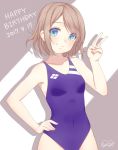  1girl alternate_breast_size blue_eyes breasts brown_hair collarbone commentary_request competition_swimsuit cowboy_shot dated gogi grey_background hand_on_hip happy_birthday highres looking_at_viewer love_live! love_live!_sunshine!! one-piece_swimsuit purple_swimsuit short_hair signature small_breasts smile solo swimsuit v watanabe_you 