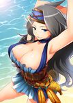  armpits arms_up beach black_hair blue_dress blue_eyes breasts cleavage day dress from_above granblue_fantasy hairband large_breasts lens_flare long_hair mattari_yufi outdoors sash sig_(granblue_fantasy) smirk solo very_long_hair water 