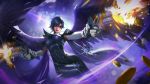  1girl artist_request bayonetta bayonetta_(character) bayonetta_2 black_hair breasts female firing glasses gloves gun jewelry large_breasts short_hair smile solo weapon wings 