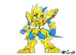  1boy armor artist_name digimon gauntlets gold horns kazkazkaz magnamon monster muscle no_humans one_knee red_eyes royal_knights shoulder_pads simple_background solo tail 