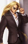  adjusting_eyewear alternate_costume balrog blonde_hair blue_eyes braid formal lips lixin_wang long_hair looking_over_eyewear male_focus shirt signature single_braid solo street_fighter suit sunglasses tattoo unbuttoned watch watermark wristwatch 