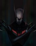  1boy armor bat_symbol batman batman_(series) batman_beyond black_hair broken_mask cape dc_comics dcau gloves male_focus mask power_armor simple_background solo terry_mcginnis weapon 