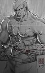  bald blood eyepatch hand_wraps lixin_wang male_focus muscle no_pupils nose pectorals rain sagat scar shirtless solo street_fighter watermark 