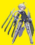  ahoge armor blazblue blonde_hair bodysuit braid covered_navel lambda-11 long_hair multiple_swords red_eyes simple_background solo sword thupoppo weapon yellow_background 