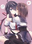  ? ahoge black_hair black_legwear black_skirt blue_eyes blush bodysuit brown_eyes brown_hair crop_top dated furutaka_(kantai_collection) hair_over_one_eye hair_ribbon heart hug kabocha_torute kako_(kantai_collection) kantai_collection looking_at_another md5_mismatch midriff multiple_girls navel neckerchief pleated_skirt purple_background resized ribbon sailor_collar school_uniform serafuku short_hair simple_background skirt spoken_heart spoken_question_mark twitter_username upscaled yuri 