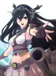  :o bad_id bad_pixiv_id bare_shoulders black_gloves black_hair breasts brown_eyes cannon elbow_gloves fingerless_gloves gloves hair_between_eyes hairband headgear highres kantai_collection large_breasts long_hair looking_at_viewer mecha_musume midriff nagato_(kantai_collection) navel nuqura open_mouth outdoors outstretched_hand pleated_skirt skirt solo turret upper_body v-shaped_eyebrows 