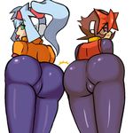  2girls artist_request ashe_(rockman) ass ass-to-ass atlas blue_hair blush bodysuit brown_hair cameltoe capcom from_behind from_below green_eyes headband huge_ass long_hair looking_back multicolored_hair multiple_girls ponytail red_eyes red_hair rockman rockman_zx rockman_zx_advent short_hair simple_background smile tongue tongue_out two-tone_hair 