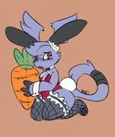  ambiguous_gender cabbit carrot cat clothing digimon fake_ears fake_rabbit_ears feline fur gazimon grey_fur hybrid lagomorph legwear mammal rabbit red_eyes solo stockings torment-chris 