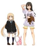  71 arm_behind_head barefoot bike_shorts black_hair black_legwear blonde_hair blush brown_eyes bunny clothes_writing collar cosplay costume_switch dog_collar full_body futaba_anzu futaba_anzu_(cosplay) green_eyes hand_in_pocket idolmaster idolmaster_cinderella_girls kneehighs leash loafers long_hair looking_at_viewer low_twintails multiple_girls necktie open_mouth pleated_skirt school_uniform shibuya_rin shibuya_rin_(cosplay) shirt shoes simple_background skirt striped striped_bike_shorts stuffed_animal stuffed_dog stuffed_toy sweatdrop t-shirt twintails white_background you_work_you_lose 