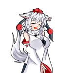  animal_ears blush breasts closed_eyes detached_sleeves ears_down hat inubashiri_momiji large_breasts looking_at_viewer mashiki open_mouth pom_pom_(clothes) ribbon-trimmed_sleeves ribbon_trim short_hair silver_hair solo tail tokin_hat touhou transparent_background v_arms wolf_ears wolf_tail 