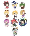  6+girls akiyoku ascot blush bowl braid brown_eyes bucket cape chibi green_eyes hair_tubes hakurei_reimu hat highres hoshiguma_yuugi kaenbyou_rin kirisame_marisa kisume komeiji_koishi komeiji_satori kurodani_yamame long_hair long_sleeves mizuhashi_parsee multiple_girls pink_eyes pink_hair pointy_ears puffy_sleeves red_eyes reiuji_utsuho short_hair short_sleeves short_twintails simple_background slippers subterranean_animism third_eye touhou twintails wheelbarrow wings witch_hat 