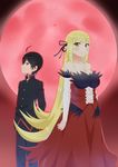  1girl araragi_koyomi bad_id bad_pixiv_id bakemonogatari black_hair blonde_hair dress gakuran kiss-shot_acerola-orion_heart-under-blade long_hair monogatari_(series) moon pointy_ears red_eyes red_moon school_uniform short_hair very_long_hair yamae_saki yellow_eyes 