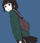  1girl backpack bag bangs black_eyes black_hair black_skirt blue_background blunt_bangs female frown green_jacket hosoo jacket_over_school_uniform looking_back monochrome no_pupils original school_bag school_uniform serafuku short_hair shoulder_bag simple_background skirt solo white_skin 