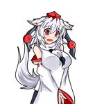 animal_ears blush breasts detached_sleeves ears_down hat inubashiri_momiji large_breasts looking_at_viewer mashiki open_mouth pom_pom_(clothes) red_eyes ribbon-trimmed_sleeves ribbon_trim short_hair silver_hair solo tail tears tokin_hat touhou transparent_background v_arms wolf_ears wolf_tail 