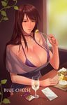  breasts brown_eyes brown_hair cheese cleavage cup drinking_glass food highres large_breasts long_hair oda_joe open_mouth solo wine_glass 