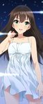  black_hair dress earrings green_eyes idolmaster idolmaster_cinderella_girls jewelry long_hair looking_at_viewer mizuki_makoto shibuya_rin shine!! solo white_dress 