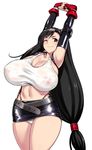  774_(nanashi) arms_up belt black_hair breasts cleavage cowboy_shot final_fantasy final_fantasy_vii highres huge_breasts long_hair low-tied_long_hair midriff navel one_eye_closed panties simple_background skirt solo stretch thick_thighs thighs tifa_lockhart underwear very_long_hair white_background 