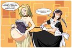  2girls aladdin_pants belly blonde_hair boots breasts cleavage corset dress english eyes_closed gammatelier maid multiple_girls navel pregnant simple_background wince 