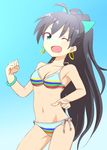  bikini black_hair blue_eyes fang ganaha_hibiki high_ponytail idolmaster idolmaster_(classic) kotaro long_hair open_mouth ponytail smile solo standing swimsuit 