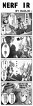  arm_wrap armor bandages blade breasts cleavage comic commentary_request corset greyscale hair_ornament highres impossible_clothes irelia large_breasts laughing league_of_legends long_hair monochrome multiple_girls oldlim riven_(league_of_legends) short_hair sword tahm_kench tongue translated weapon 
