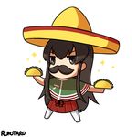  akagi_(kantai_collection) artist_name bangs brown_eyes brown_hair chibi commentary dual_wielding english_commentary fake_facial_hair fake_mustache food full_body hat holding holding_food kantai_collection long_hair outstretched_arms pantyhose poncho rukotaro sidelocks simple_background skirt solo sombrero sparkle spread_arms standing taco white_background 