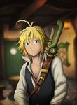  1boy bar blonde_hair green_eyes husagin meliodas nanatsu_no_taizai short_hair shorts solo standing sword weapon 