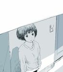  1girl door from_above hosoo monochrome pen_(medium) shinsei_kamattechan short_hair simple_background sketch solo sweater traditional_media wall white_background 
