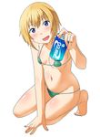  :d barefoot bikini blonde_hair blue_eyes can fangs ka-9 kneeling kon_futaba micro_bikini navel open_mouth short_hair smile soda_can solo soredemo_machi_wa_mawatteiru swimsuit 