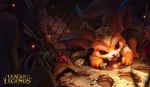  2015 alex_flores ambiguous_gender arrow big_ears big_eyes black_eyes blood bone claws firefly footprint gnar_(lol) helmet league_of_legends official_art open_mouth plant rock skull teeth video_games weapon yordle 