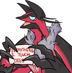  2014 ambiguous_gender black_skin blue_eyes claws crying english_text feathers feral horn legendary_pok&eacute;mon nintendo nude open_mouth pok&eacute;mon pok&eacute;shaming red_skin simple_background solo spooksy tears text tongue video_games white_background white_feathers wings yveltal 