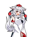  animal_ears blush breasts detached_sleeves ears_down hat inubashiri_momiji large_breasts looking_at_viewer mashiki open_mouth pom_pom_(clothes) red_eyes ribbon-trimmed_sleeves ribbon_trim short_hair silver_hair solo tail tokin_hat touhou transparent_background v_arms wolf_ears wolf_tail 