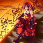  absurdres black_hair boots breasts cleavage clock_eyes date_a_live detached_sleeves headdress heterochromia highres knee_boots medium_breasts orange_eyes pantyhose qq red_eyes sitting solo stairs sunset symbol-shaped_pupils tokisaki_kurumi 