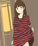  1girl :| bangs black_shirt blush brown_and_red_shirt brown_background brown_eyes brown_hair collarbone female freckles hosoo long_hair looking_to_the_side original oversized_clothes oversized_shirt red_shirt shirt shirt_lift simple_background sliding_doors smile solo striped striped_background striped_shirt thighs 