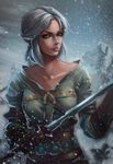  ciri face fire gradient gradient_background green_eyes lips looking_at_viewer mountain scar short_hair silver_hair snow solo sword the_witcher the_witcher_3 upper_body weapon 