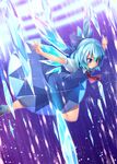  absurdres blue_eyes blue_hair blush bow cirno danmaku dress grin hair_bow highres ice ice_wings icicle icicle_fall kokka_han loafers outstretched_arms see-through shoes short_hair short_sleeves smile solo touhou white_legwear wings 