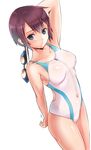  blue_eyes brown_hair competition_swimsuit goggles goggles_removed highres holding_goggles muto one-piece_swimsuit original short_hair solo standing swimsuit zipper 