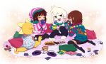  asriel_dreemurr banoakira boss_monster caprine chara_(undertale) chatting child christmas cub gameboy_advance group happy hat holidays human lizard mammal monster_kid nintendo protagonist_(undertale) reptile scalie scarf simple_background sitting sweets undertale video_games young 