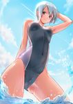  brown_eyes competition_swimsuit from_below highres muto one-piece_swimsuit original short_hair silver_hair solo standing swimsuit water 